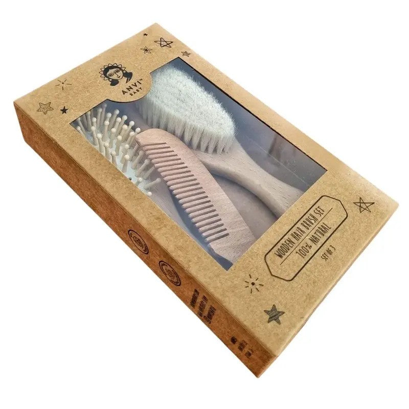 Anvi Baby 100% Natural Baby Wooden Hair Brush (Set Of 3)