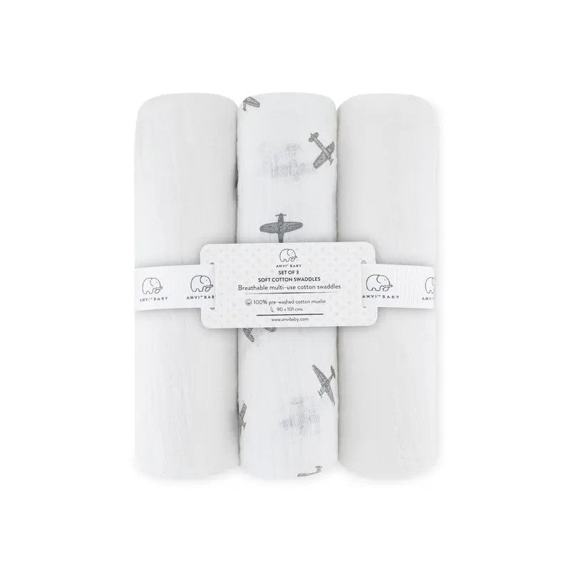 Anvi Baby Cotton Swaddle (90X101 cm Set of 3) Airplane
