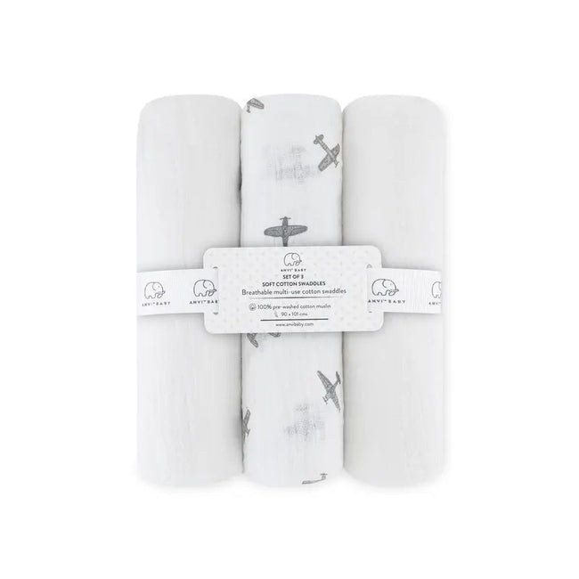 Anvi Baby Cotton Swaddle (90X101 cm Set of 3) Airplane