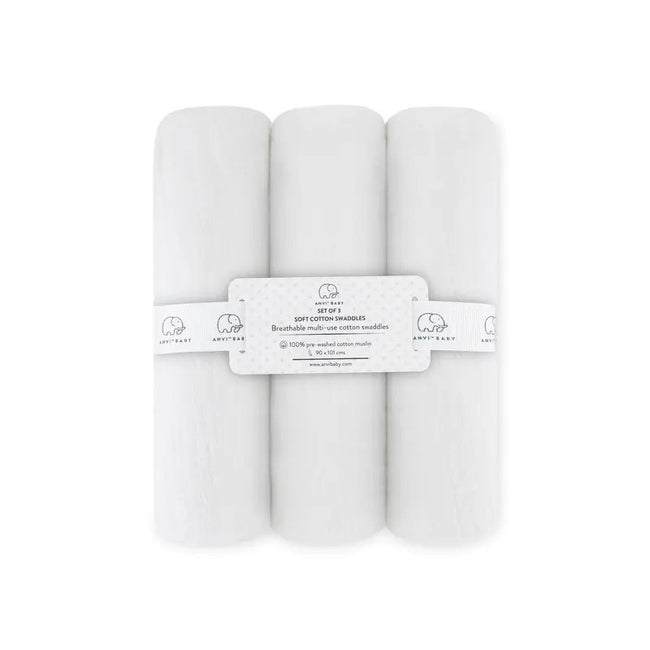 Anvi Baby Cotton Swaddle (90X101 cm Set of 3) White