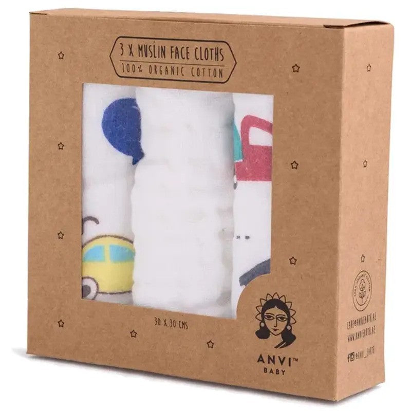 Anvi Baby Muslin Face Cloths Organic Cotton (26x26CM Set of 3) Automobiles