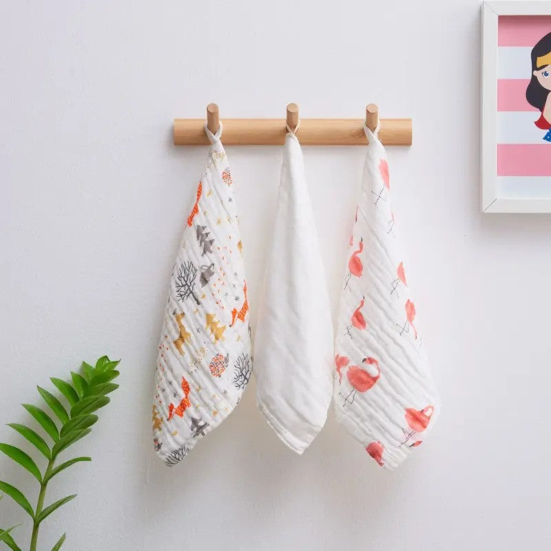 Anvi Baby Muslin Face Cloths Organic Cotton (26x26CM Set of 3) Flamingo & Fox