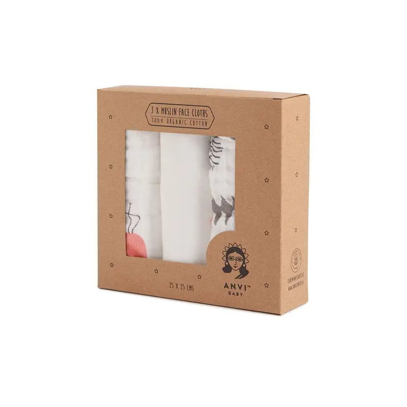 Anvi Baby Muslin Face Cloths Organic Cotton (26x26CM Set of 3) Flamingo & Fox