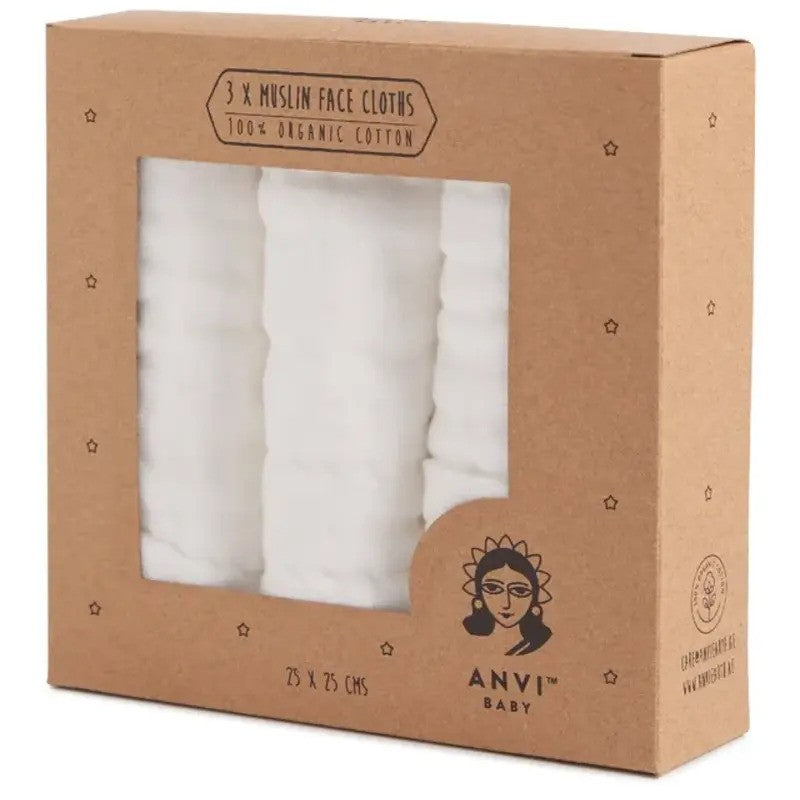 Anvi Baby Muslin Face Cloths Organic Cotton (26x26CM Set of 3) White Crow