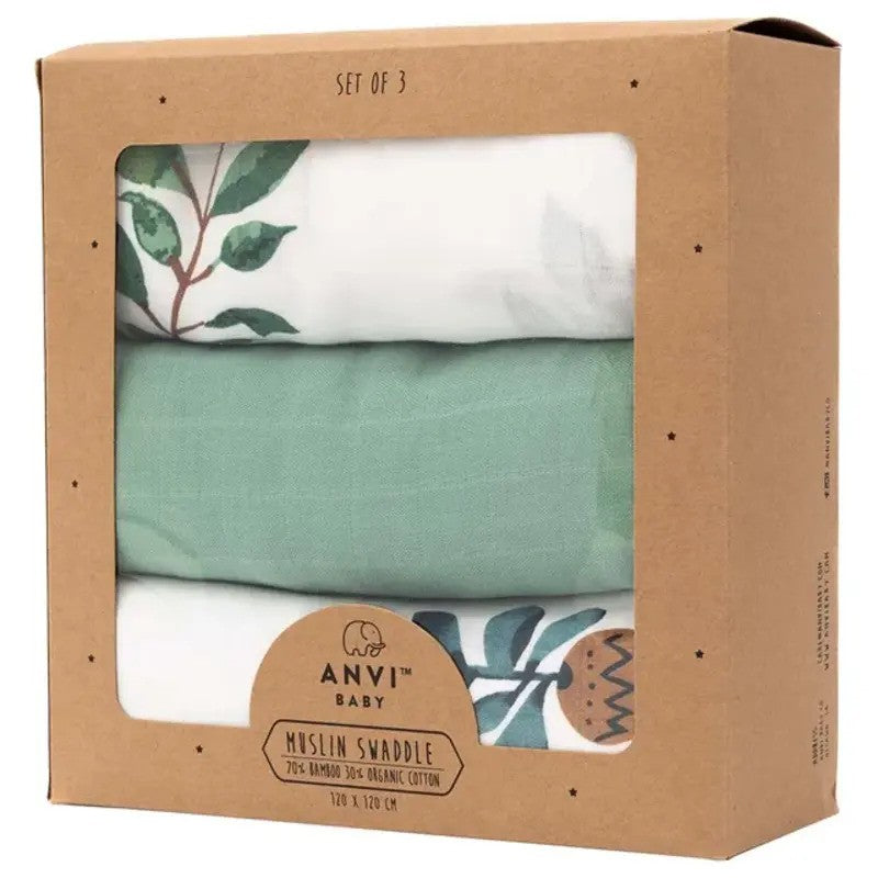 Anvi Baby Muslin Swaddle (120X120CM Set of 3) Green Planet