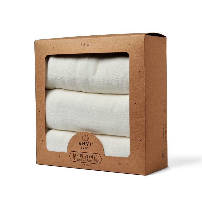 Anvi Baby Organic Bamboo Swaddle Set of 3 White Mist