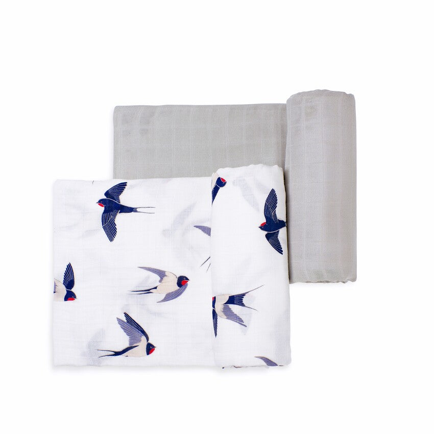 Anvi Baby Organic Bamboo Swaddle Unisex Set of 2 The Swallow White & Grey