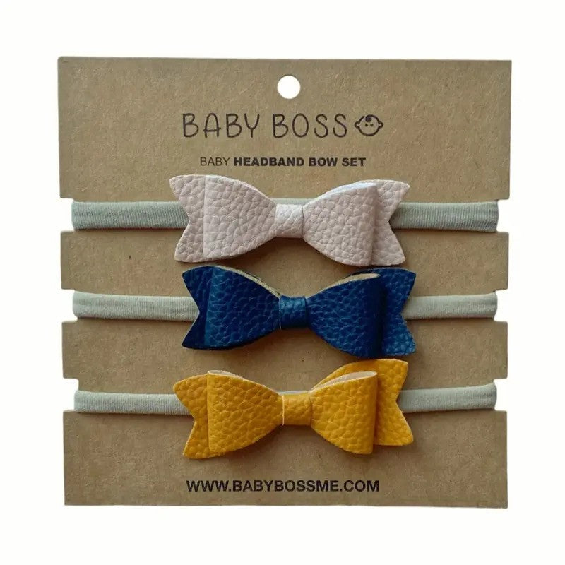 Baby Boss ME Baby Headband Bow Set Beige Blue & Mustard Yellow