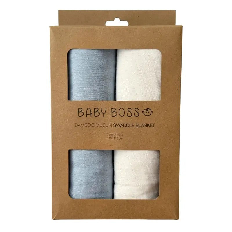 Baby Boss ME Bamboo Muslin Swaddle Blanket Set (110x110cm) Blue & White