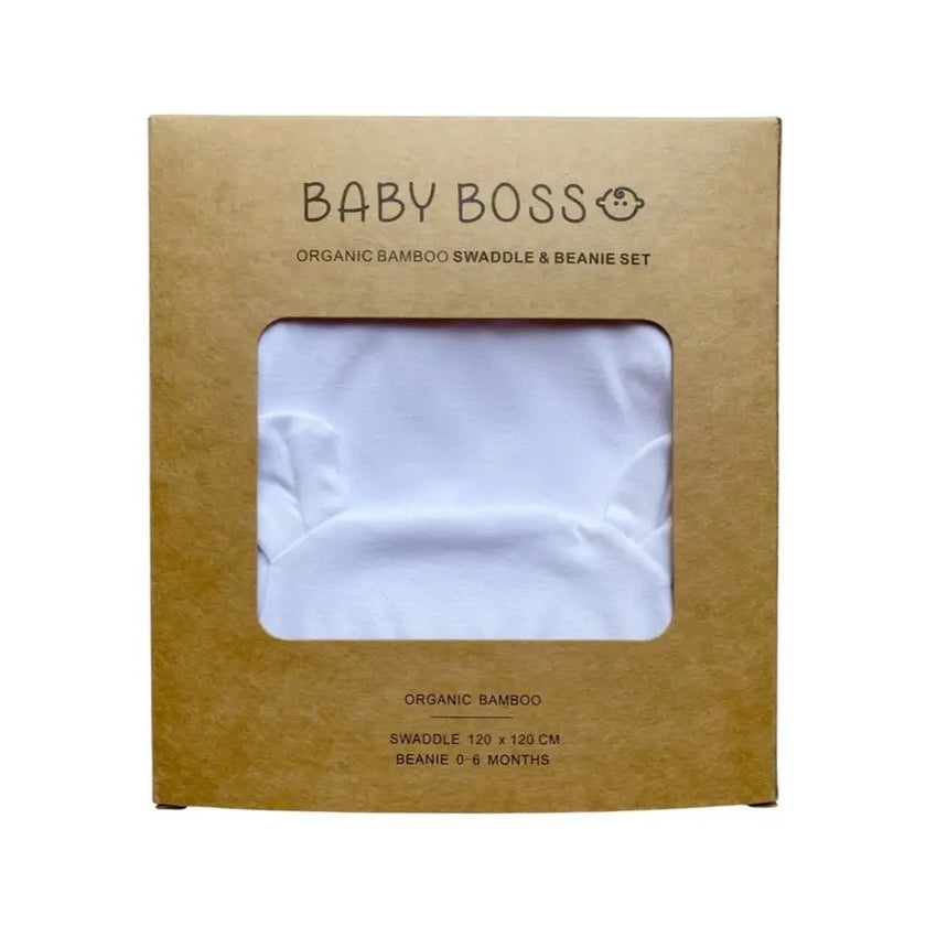 Baby Boss ME Organic Bamboo Swaddle & Beanie Set White