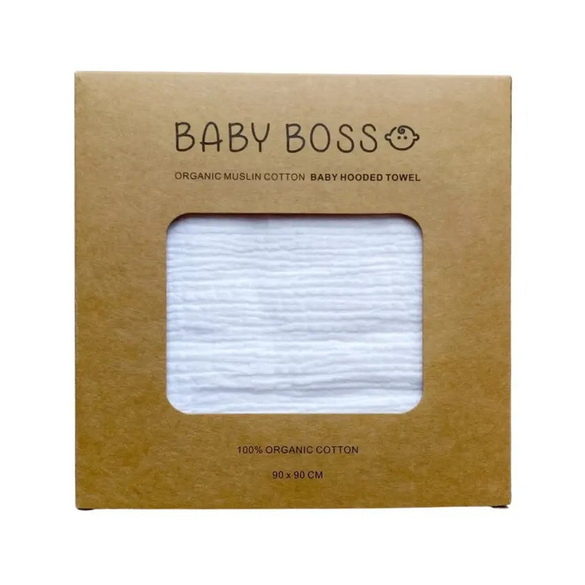 Baby Boss ME Organic Muslin Cotton (90x90cm) Baby Hooded Towel White