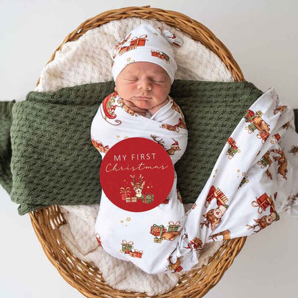 Snuggle Hunny Baby Jersey Wrap & Beanie Set with Milestone Card Reindeer