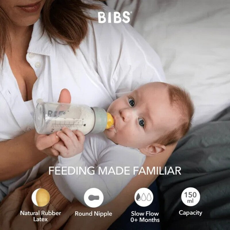 Bibs Baby Bottle Round Nipple Latex (1Pack 150ml) Slow Flow - Sage