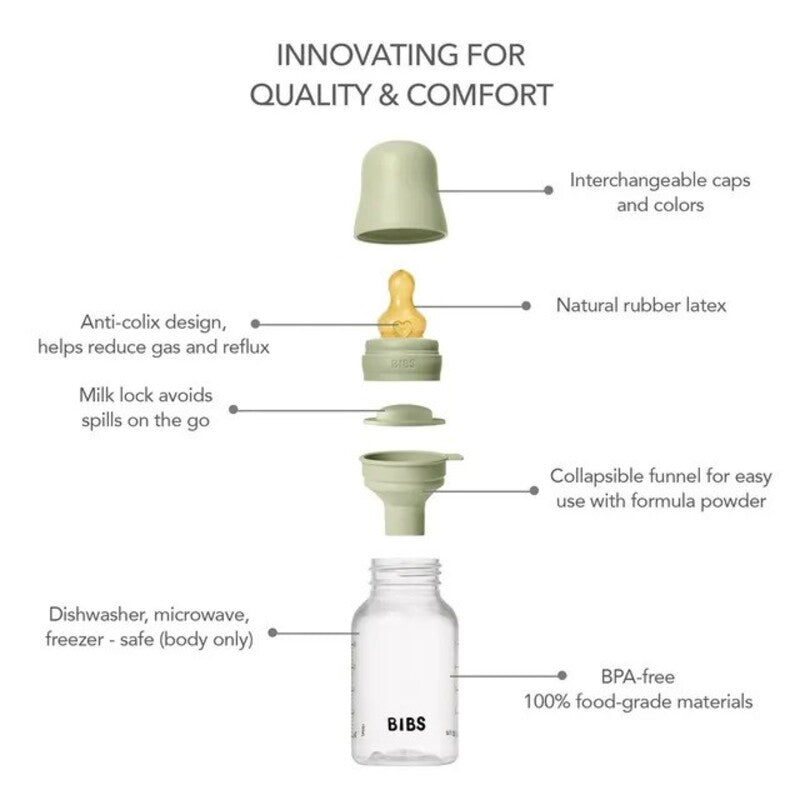 Bibs Baby Bottle Round Nipple Latex (1Pack 150ml) Slow Flow - Sage