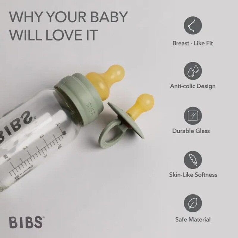 Bibs Baby Bottle Round Nipple Latex (1Pack 150ml) Slow Flow - Sage