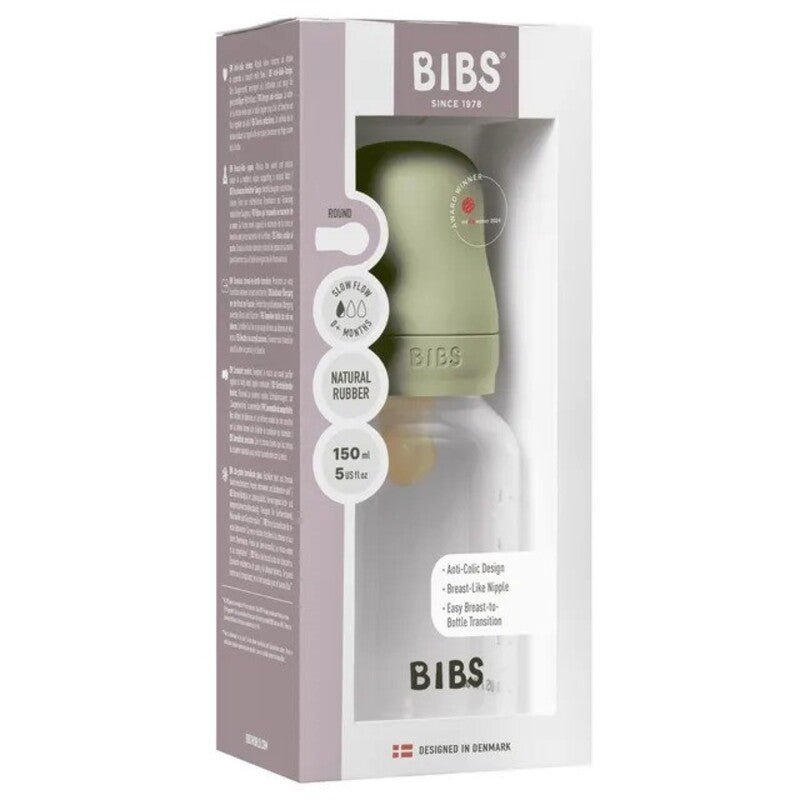 Bibs Baby Bottle Round Nipple Latex (1Pack 150ml) Slow Flow - Sage