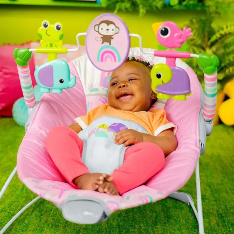 Bright Starts Pink Paradise Vibrating Baby Bouncer With Toys (0-6m)