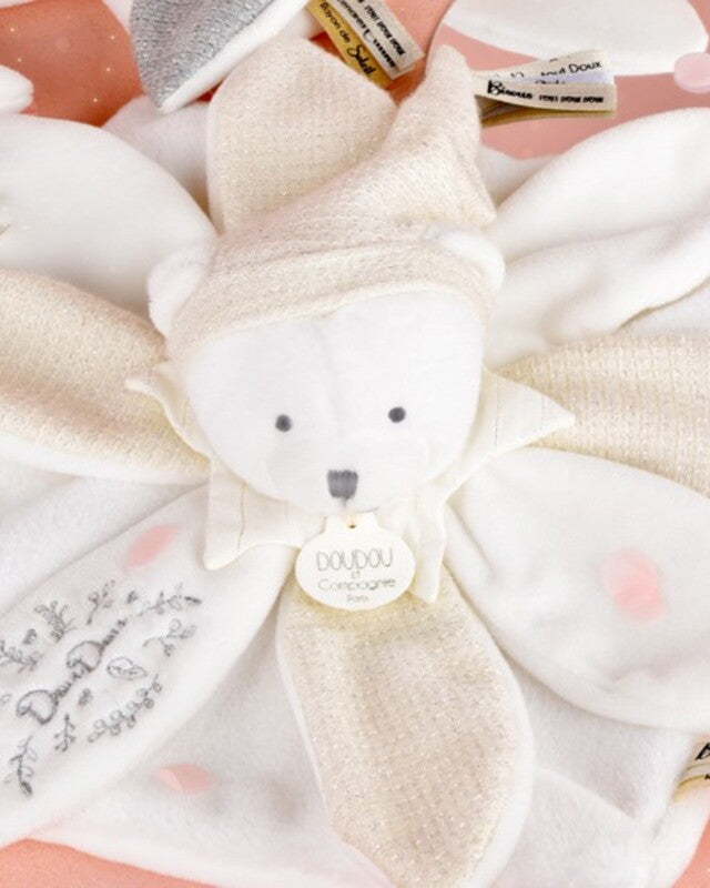 Doudou ET Compagnie Anniversary Collection La Garantie Flat Petals Comforter Bear 25cm White