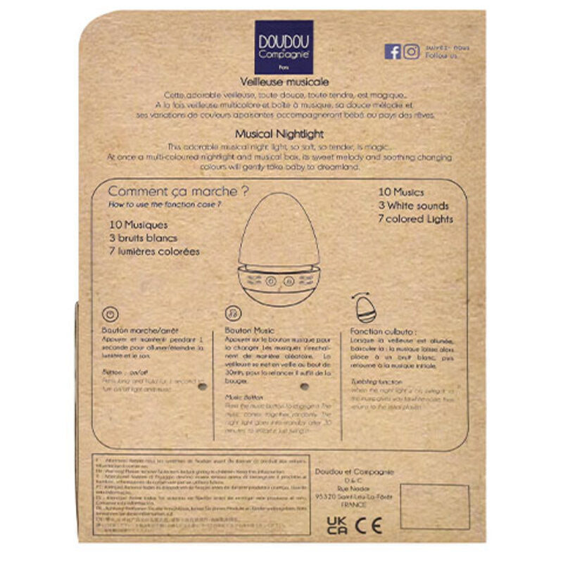 Doudou Et Compagnie Veilleuse Musicale Bunny Night Light 16cm Beige