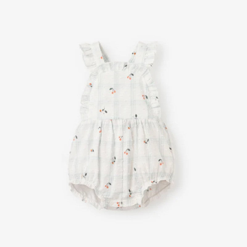 Elegant Baby Sunsuit Swiss Dot Strawberry Picnic