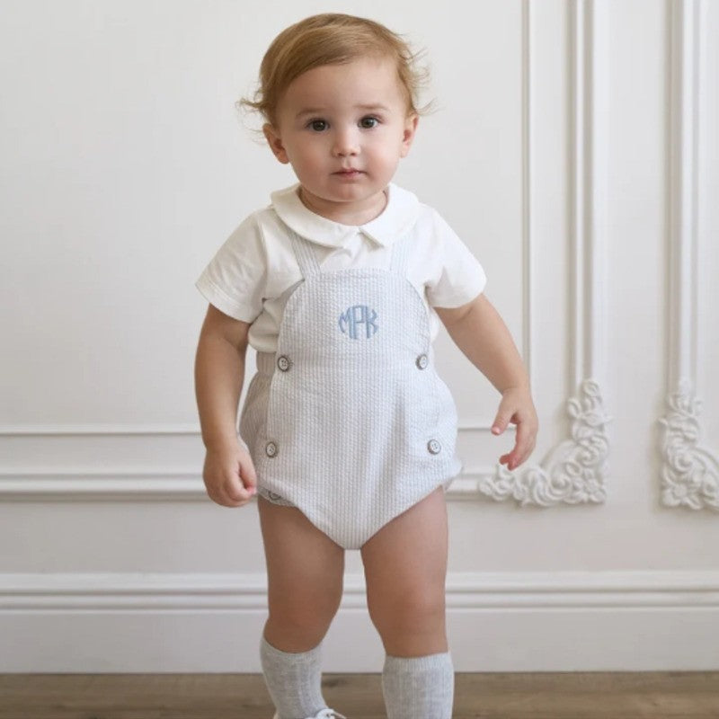 Elegant Baby Collared Bubble Overall & Shirt Blue Bleu