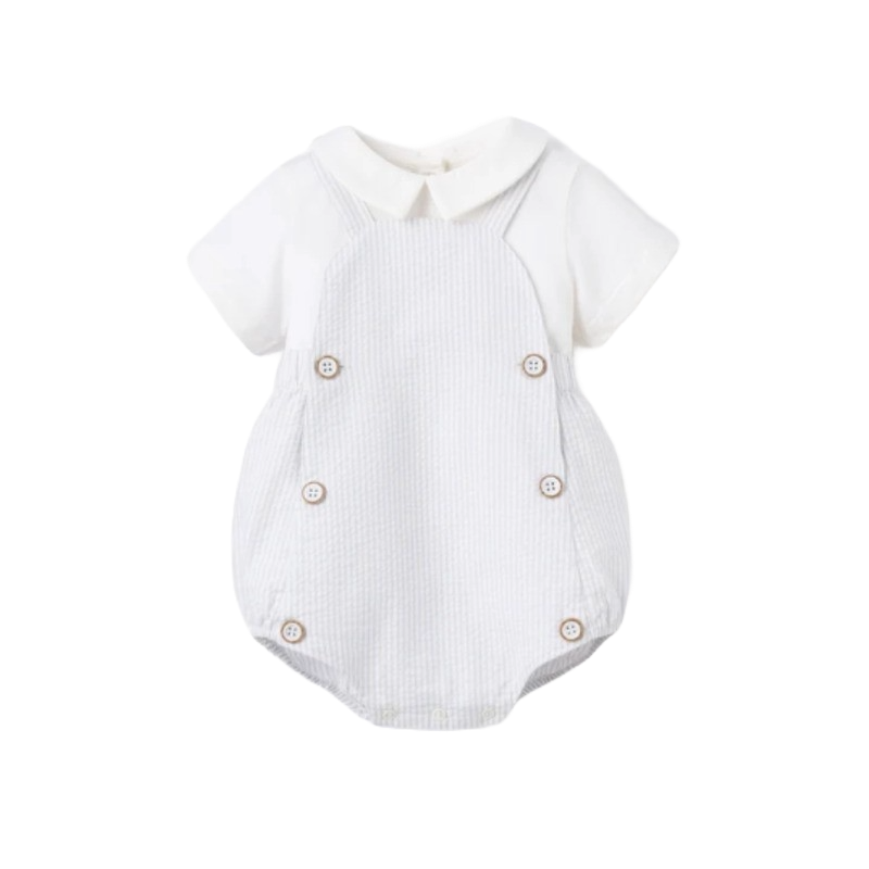 Elegant Baby Collared Bubble Overall & Shirt Blue Bleu