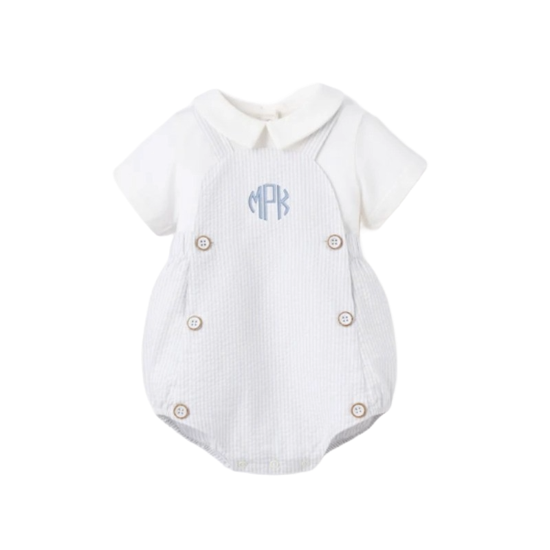 Elegant Baby Collared Bubble Overall & Shirt Blue Bleu