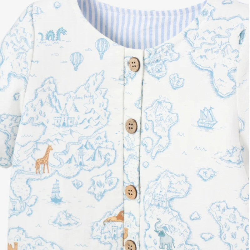 Elegant Baby Cotton Shortall Explorer Print Blue Bleu
