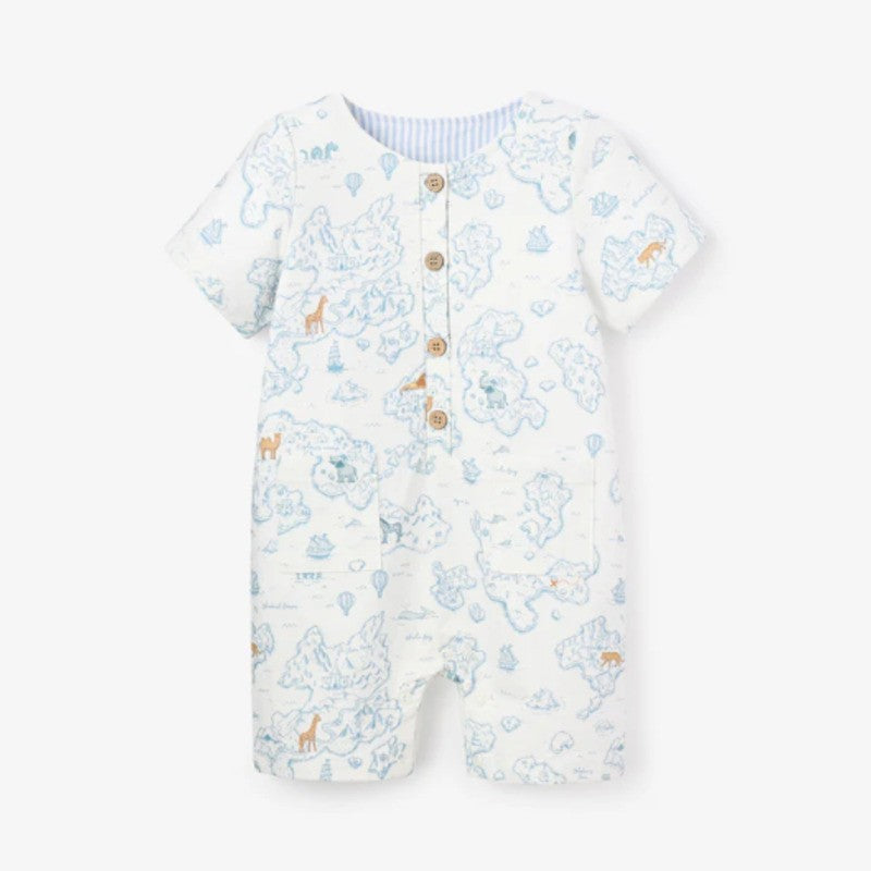 Elegant Baby Cotton Shortall Explorer Print Blue Bleu