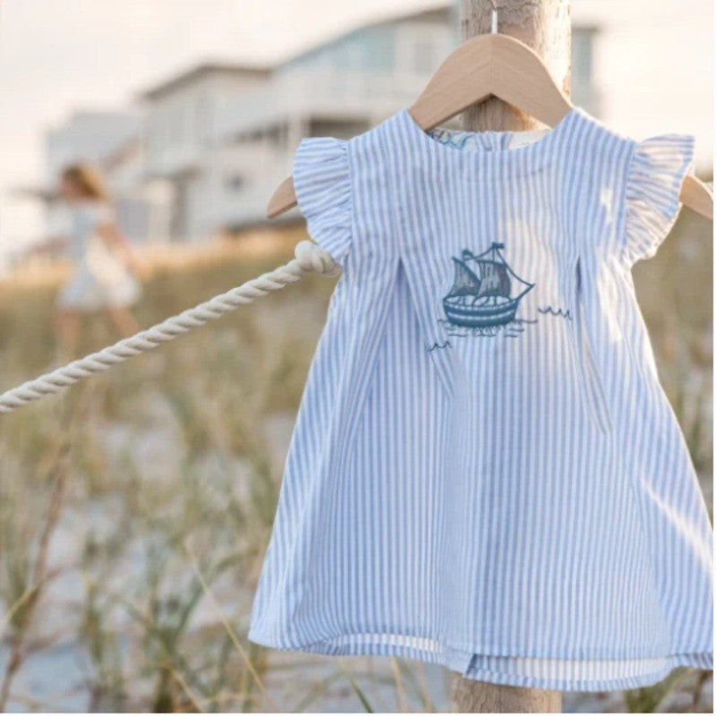 Elegant Baby Embroidered Dress & Short Oxford Stripe Sailboat Blue (Size 3-6m)