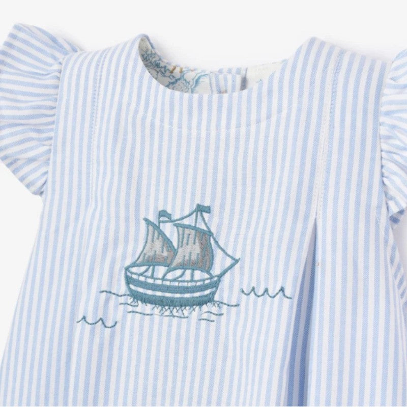 Elegant Baby Embroidered Dress & Short Oxford Stripe Sailboat Blue (Size 3-6m)