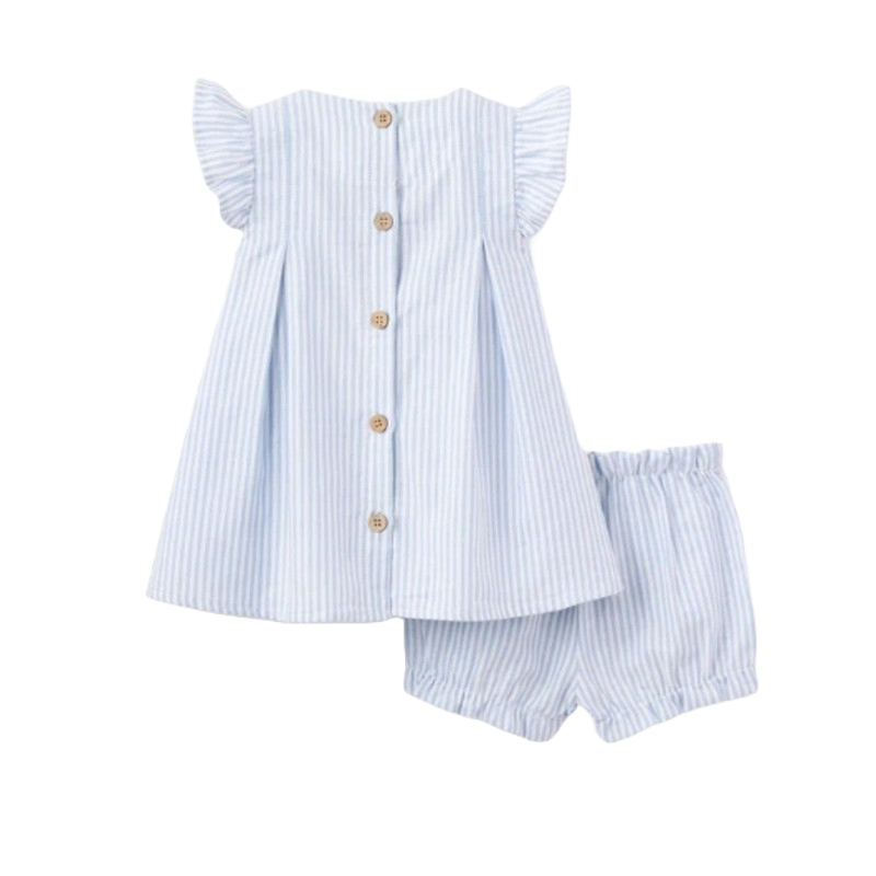 Elegant Baby Embroidered Dress & Short Oxford Stripe Sailboat Blue (Size 3-6m)