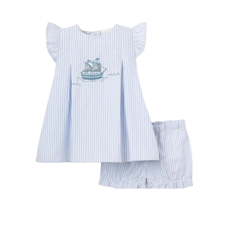Elegant Baby Embroidered Dress & Short Oxford Stripe Sailboat Blue (Size 3-6m)
