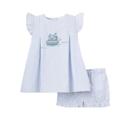 Elegant Baby Embroidered Dress & Short Oxford Stripe Sailboat Blue (Size 3-6m)