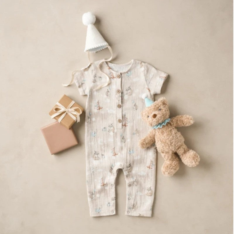 Elegant Baby Jumpsuit Organic Cotton Muslin Birthday Print Taupe