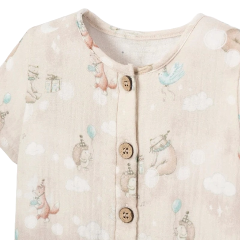 Elegant Baby Jumpsuit Organic Cotton Muslin Birthday Print Taupe