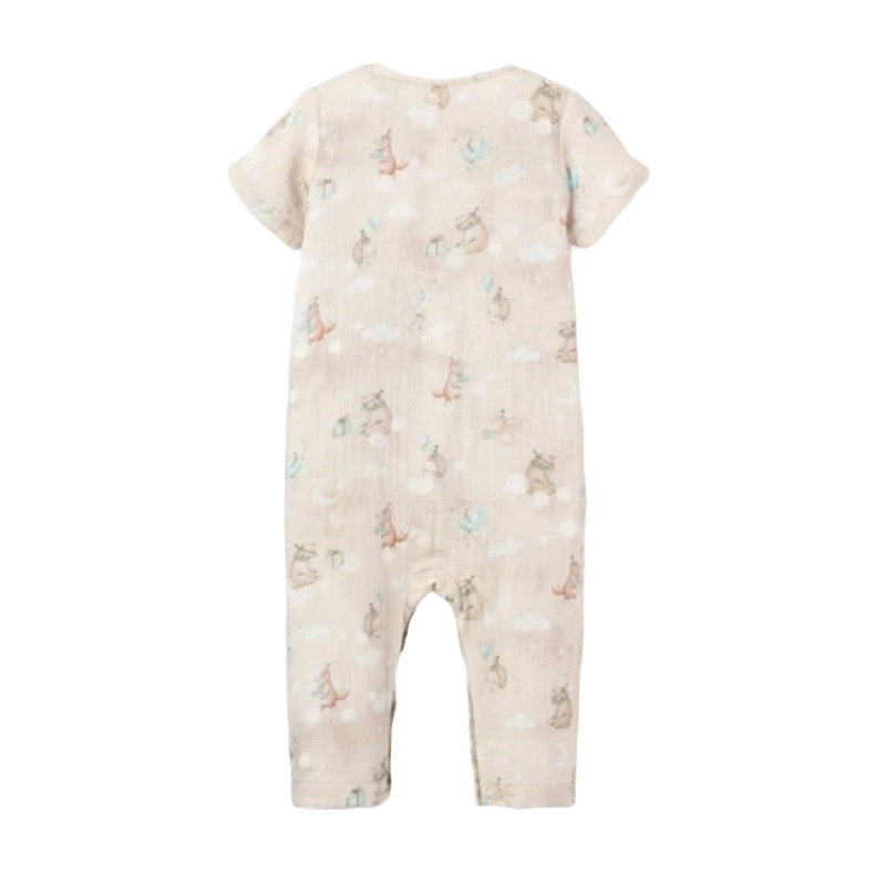 Elegant Baby Jumpsuit Organic Cotton Muslin Birthday Print Taupe