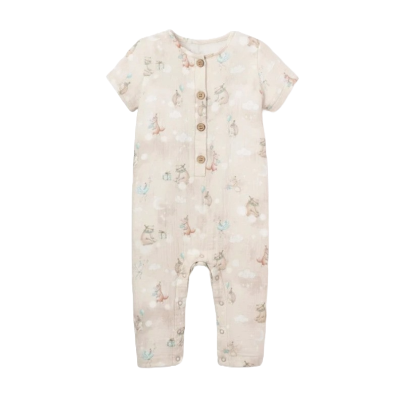 Elegant Baby Jumpsuit Organic Cotton Muslin Birthday Print Taupe