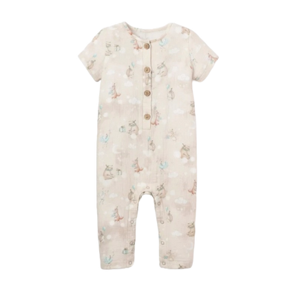Elegant Baby Jumpsuit Organic Cotton Muslin Birthday Print Taupe