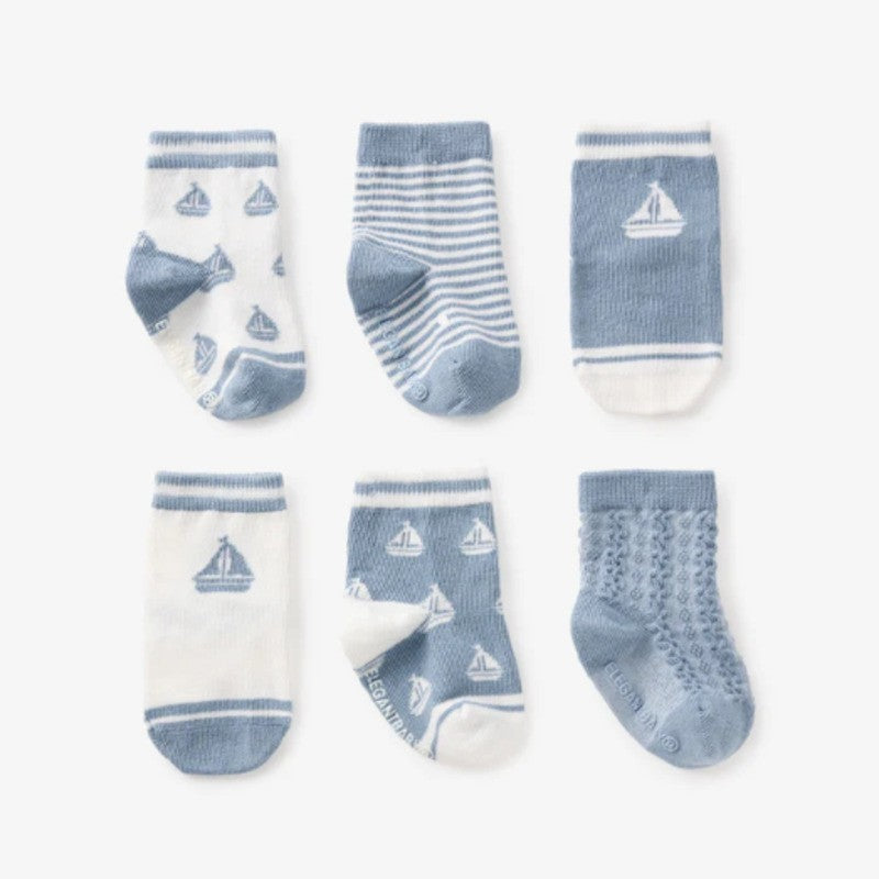 Elegant Baby Non-Slip Socks (6pack) Nautical Basic Blue (Size 0-12m)