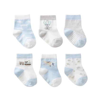 Elegant Baby Non-Slip Socks (6pack) Up Up & Away Blue (Size 0-12m)