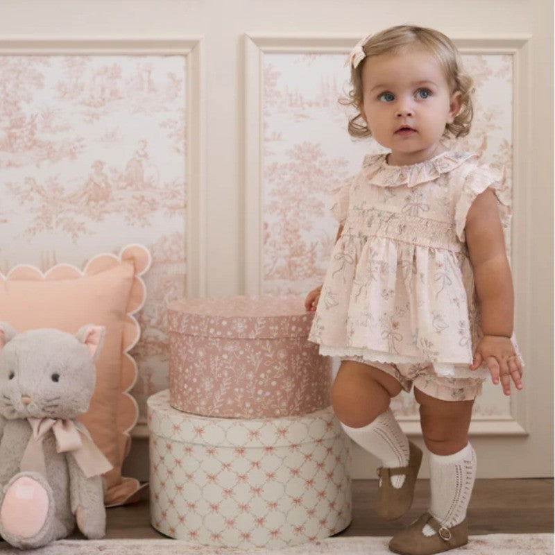 Elegant Baby Smocked Babydoll Top & Bloomer Set Fleur de Provence Pink Rose