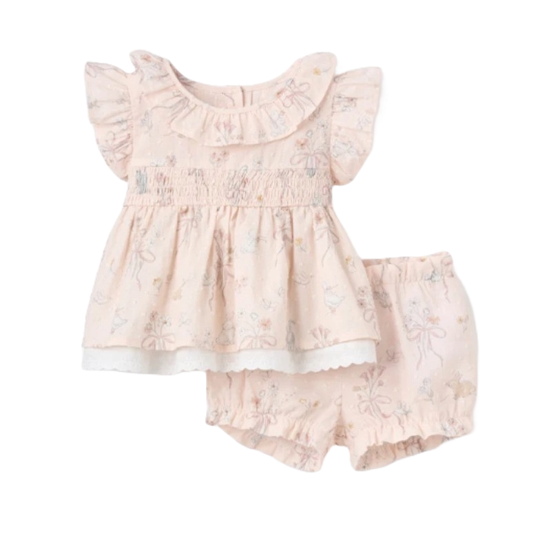 Elegant Baby Smocked Babydoll Top & Bloomer Set Fleur de Provence Pink Rose