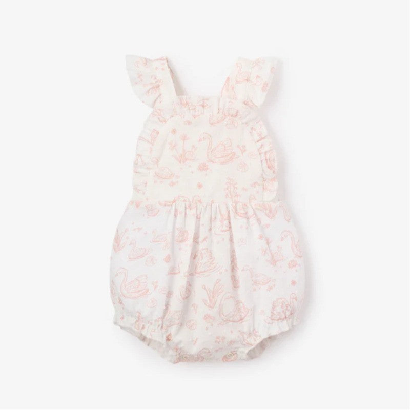 Elegant Baby Sunsuit Swiss Dot Swan Toile