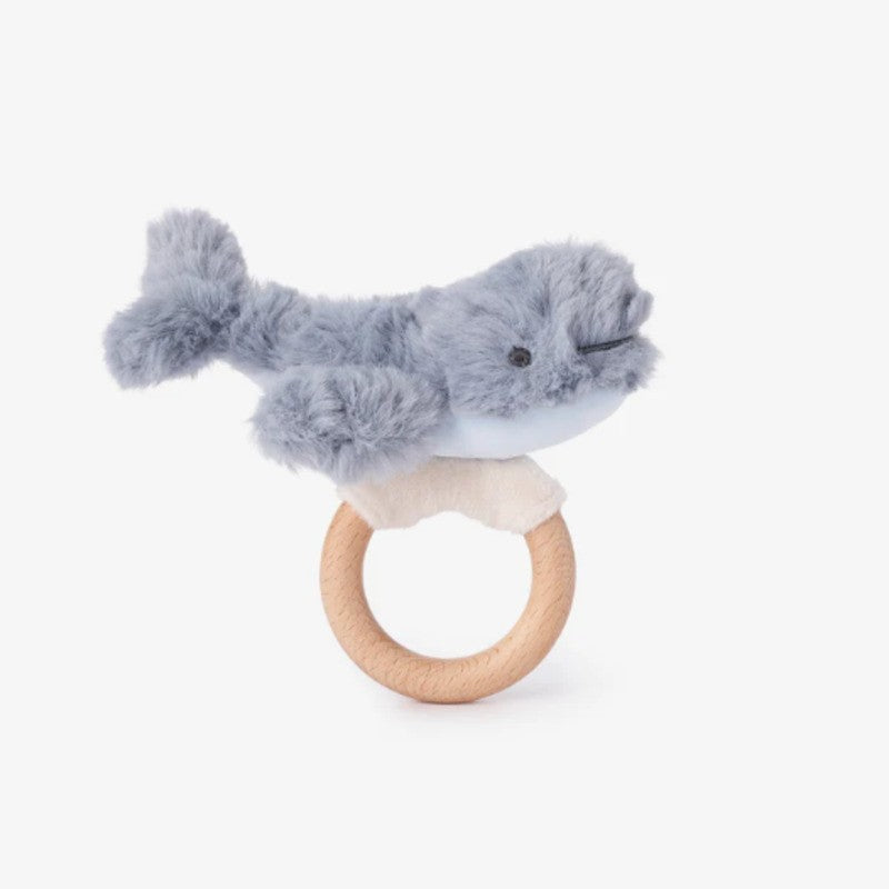 Elegant Baby Wooden Ring Rattle Plush Whale Slate Blue