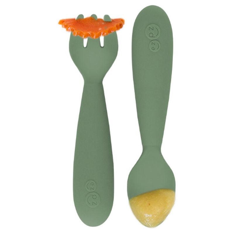 Ezpz - Mini Utensils (Spoon + Fork) - Olive 12M