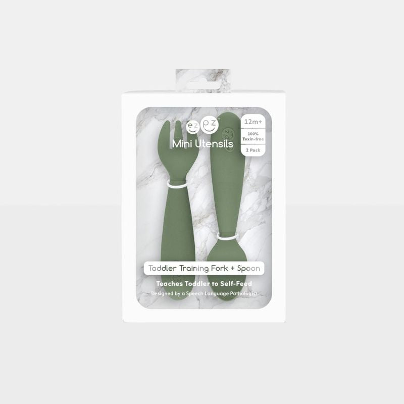 Ezpz - Mini Utensils (Spoon + Fork) - Olive 12M