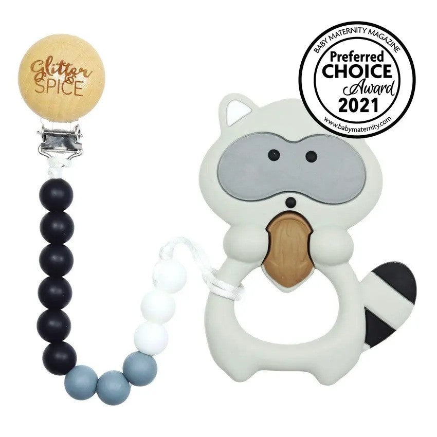 Glitter & Spice Silicone (BPA Free) Teether With Clip Raccoon