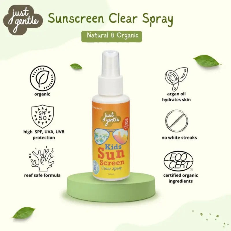 Just Gentle Organic Kids Sunscreen Clear Spray SPF 50UVAUVB PA Plus Reefsafe 60ML