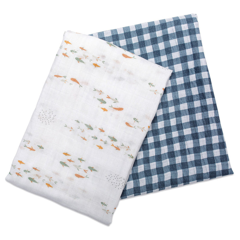 Lulujo Cotton Swaddles (2Pack) Fish & Navy Gingham